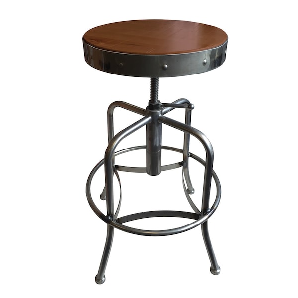 Adjustable Stool, Clear Coat Finish, Med Distressed Hardwood Seat